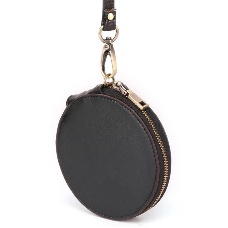 (Ø115mm) Leather Coin Purse Vintage Wallet Wallet with Hand Strap - Black