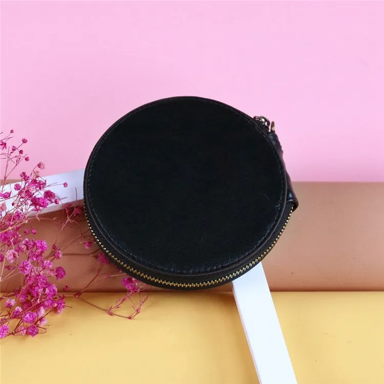 (Ø115mm) Leather Coin Purse Vintage Wallet Wallet with Hand Strap - Black