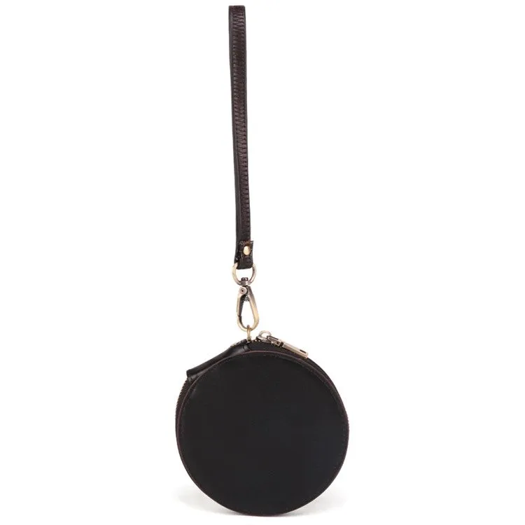(Ø115mm) Leather Coin Purse Vintage Wallet Wallet with Hand Strap - Black