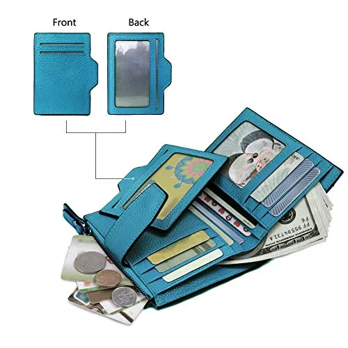 AINIMOER Women's RFID Blocking Leather Small Compact Bi-fold Zipper Pocket Wallet Card Case Purse(Lichee Sky Blue)