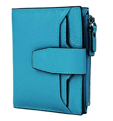 AINIMOER Women's RFID Blocking Leather Small Compact Bi-fold Zipper Pocket Wallet Card Case Purse(Lichee Sky Blue)