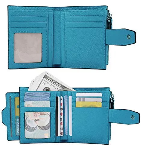 AINIMOER Women's RFID Blocking Leather Small Compact Bi-fold Zipper Pocket Wallet Card Case Purse(Lichee Sky Blue)