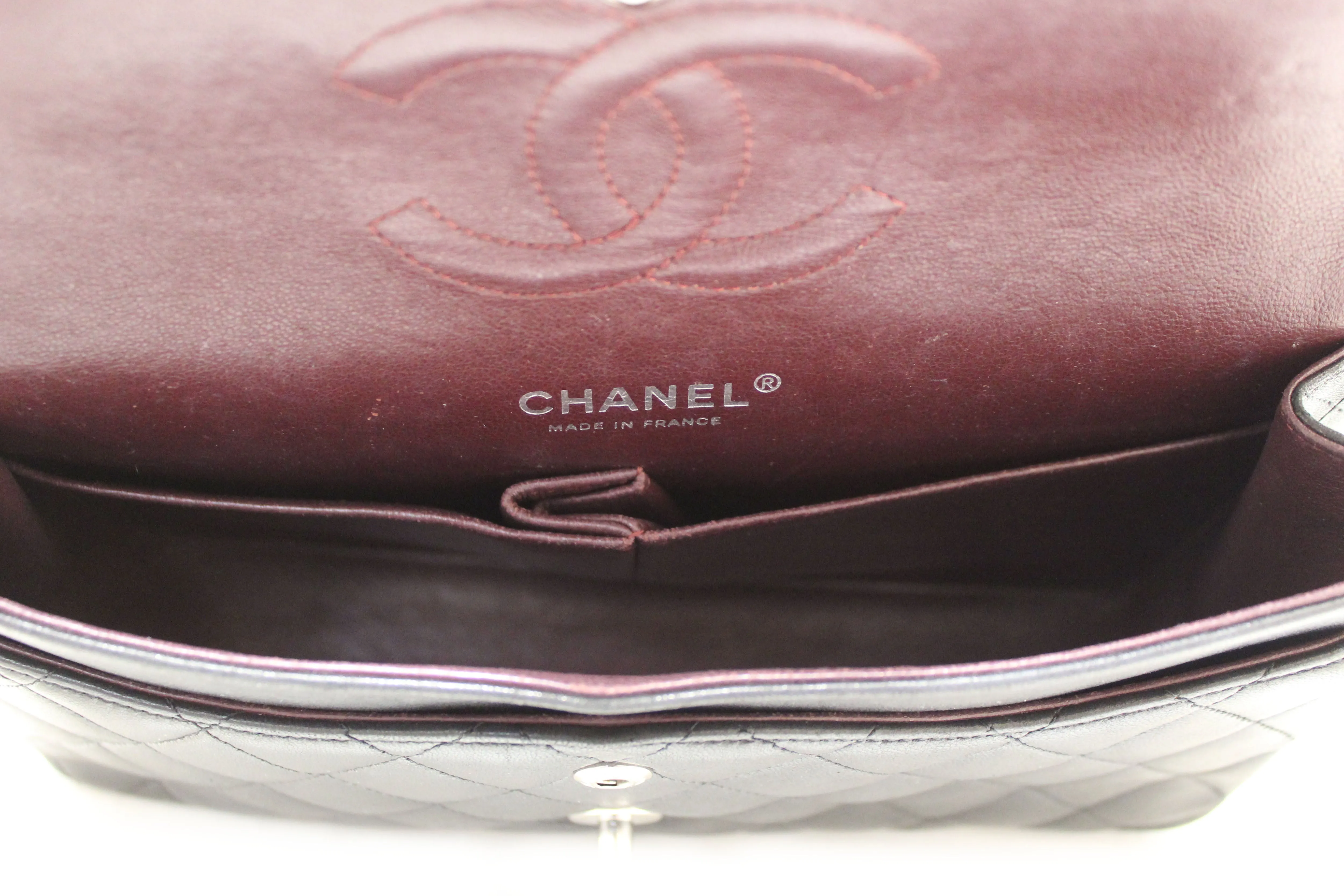 Authentic Chanel Black Lambskin Leather Medium Classic Flap Chain Bag