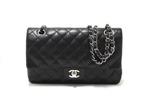 Authentic Chanel Black Lambskin Leather Medium Classic Flap Chain Bag
