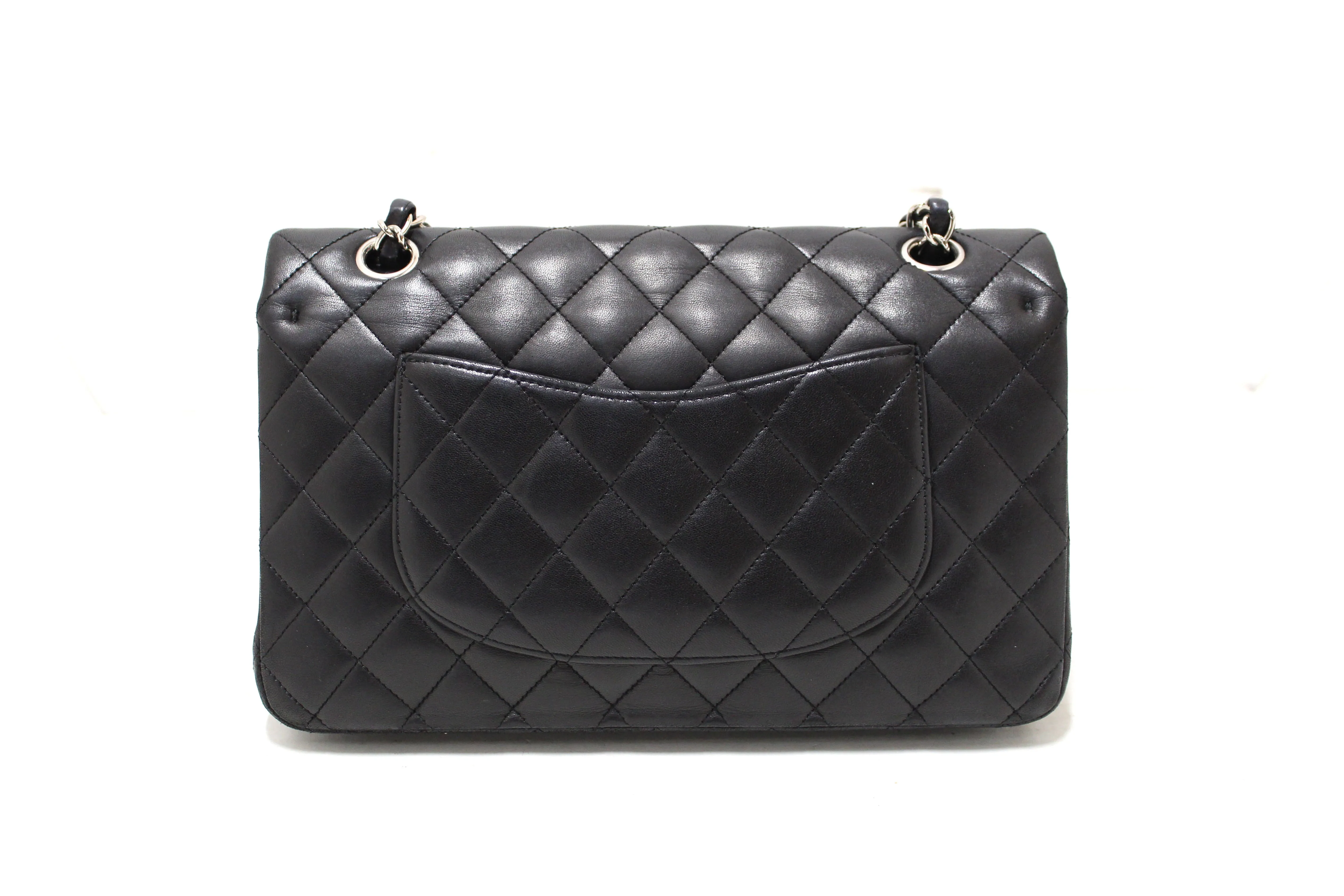 Authentic Chanel Black Lambskin Leather Medium Classic Flap Chain Bag