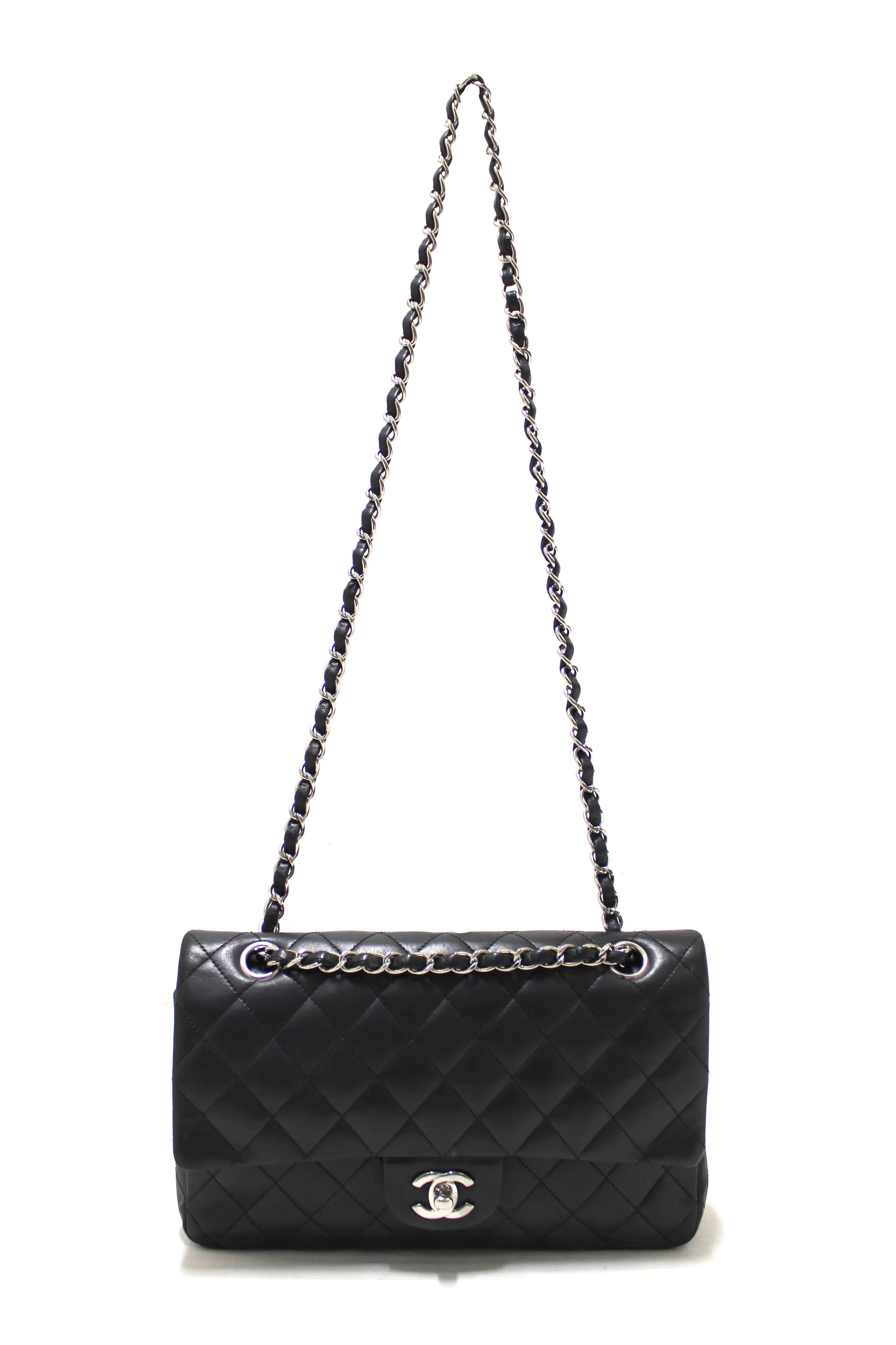 Authentic Chanel Black Lambskin Leather Medium Classic Flap Chain Bag