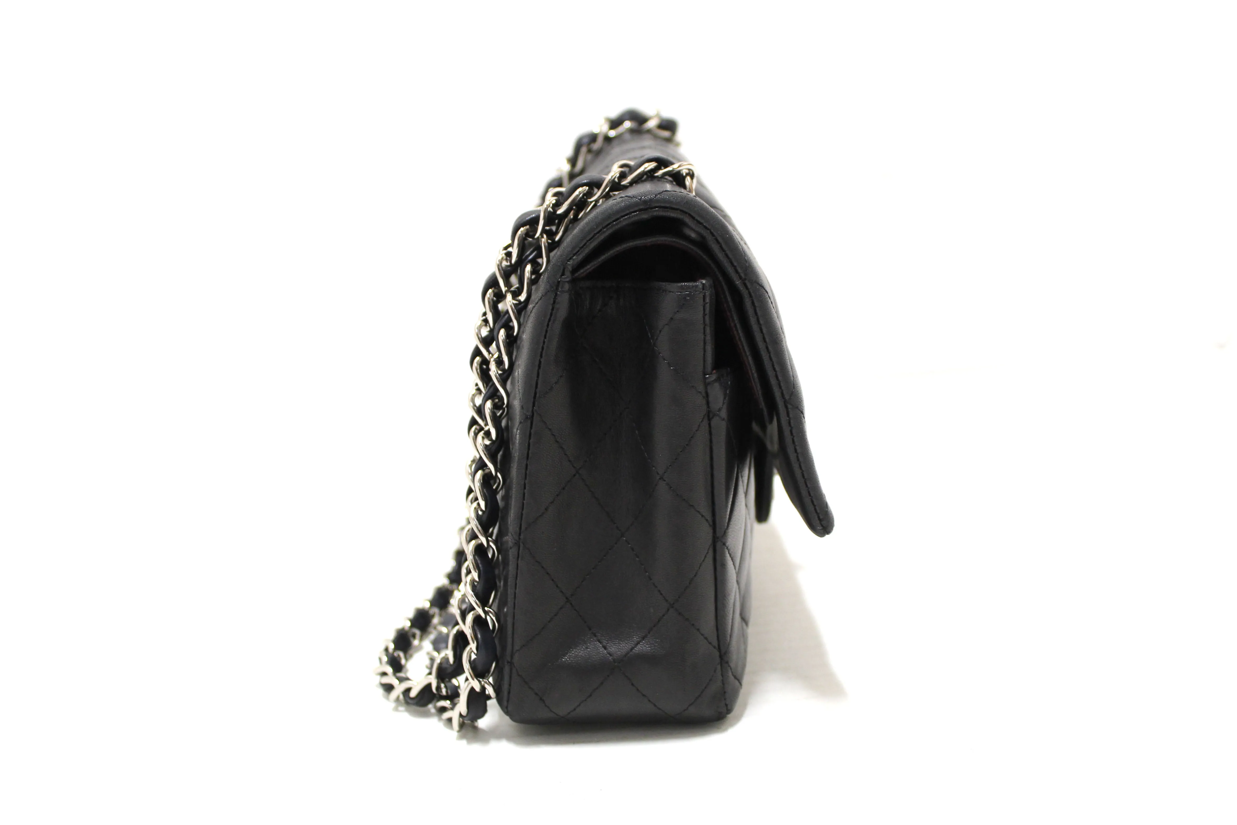 Authentic Chanel Black Lambskin Leather Medium Classic Flap Chain Bag