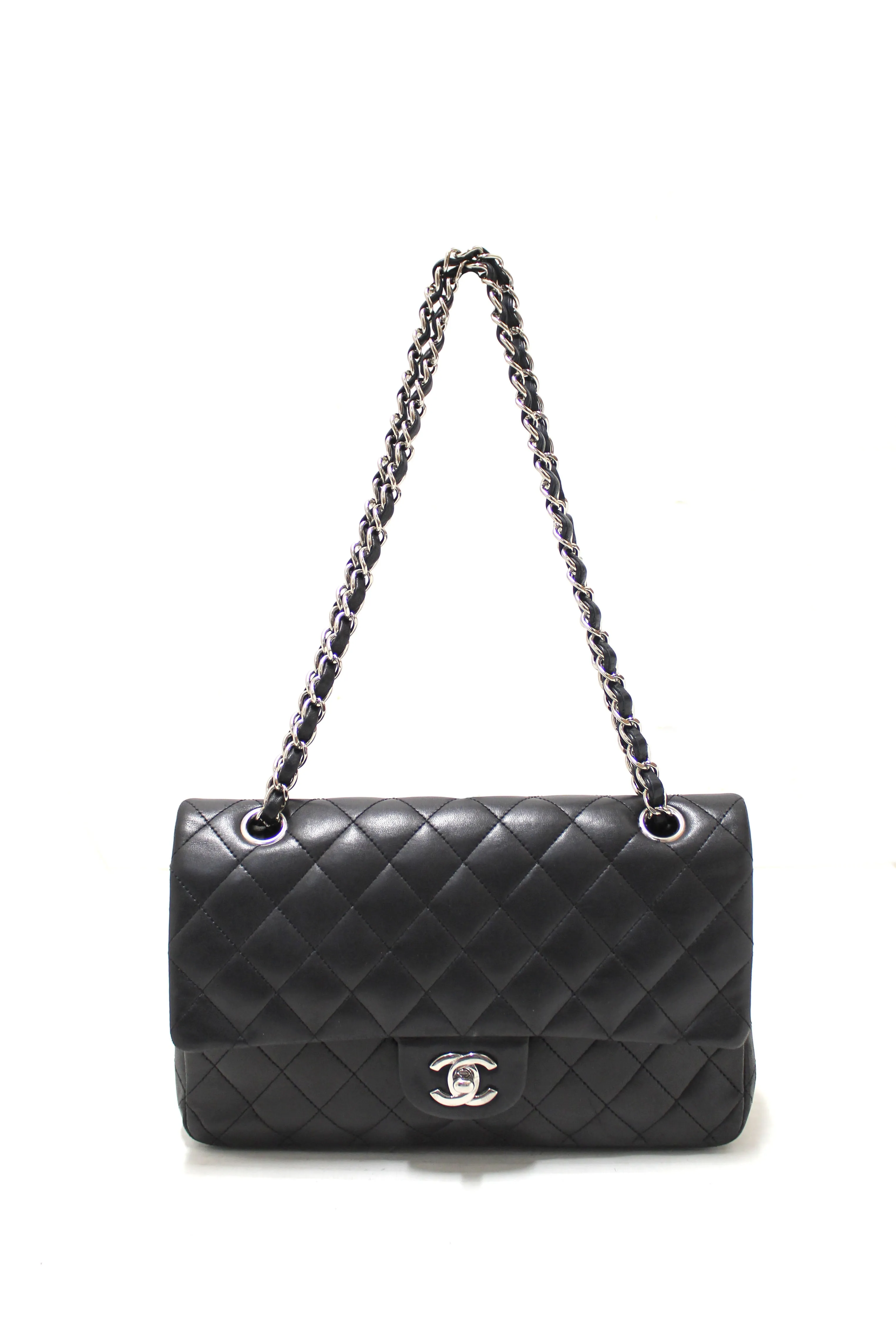 Authentic Chanel Black Lambskin Leather Medium Classic Flap Chain Bag