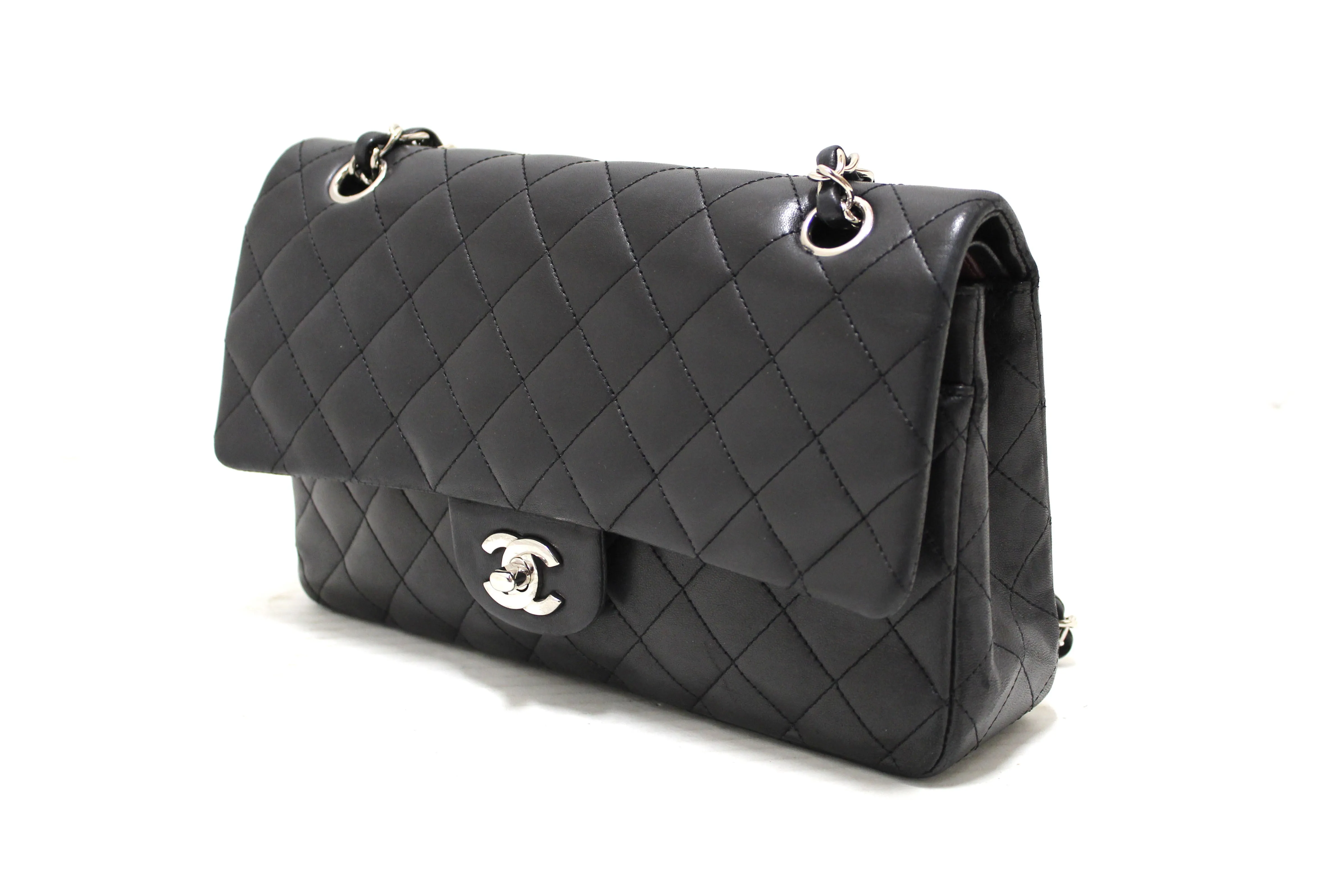 Authentic Chanel Black Lambskin Leather Medium Classic Flap Chain Bag