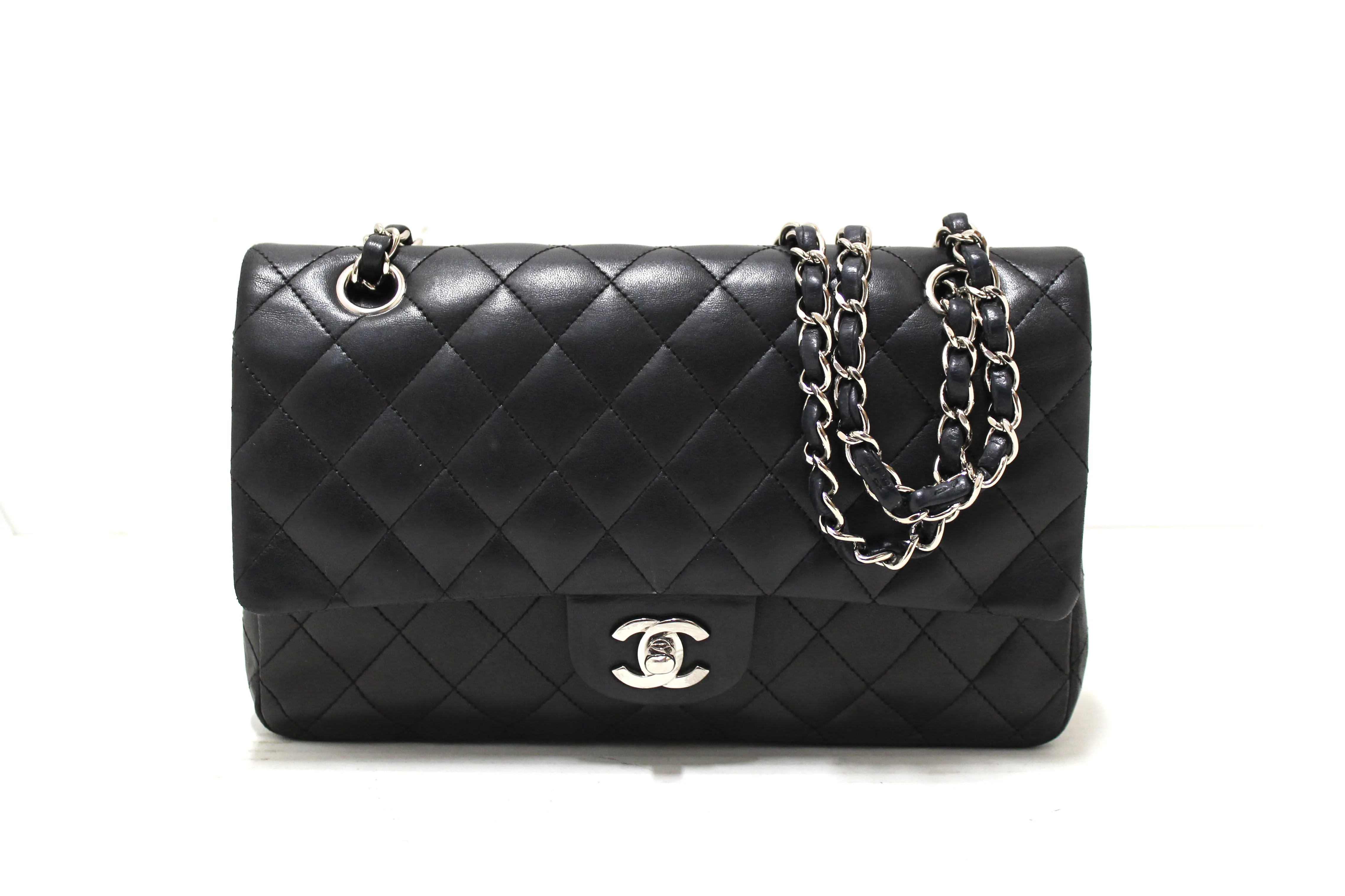 Authentic Chanel Black Lambskin Leather Medium Classic Flap Chain Bag