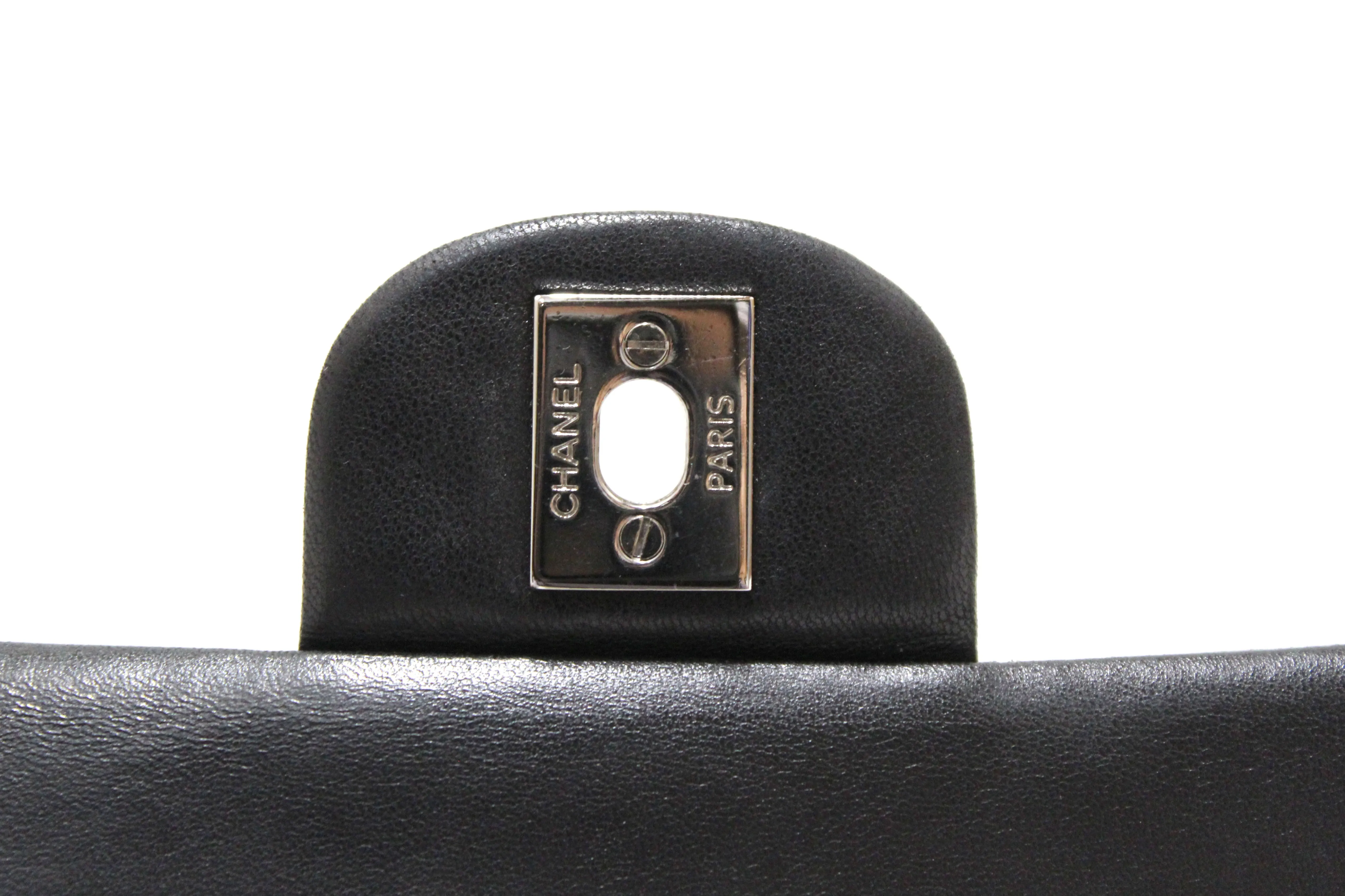 Authentic Chanel Black Lambskin Leather Medium Classic Flap Chain Bag