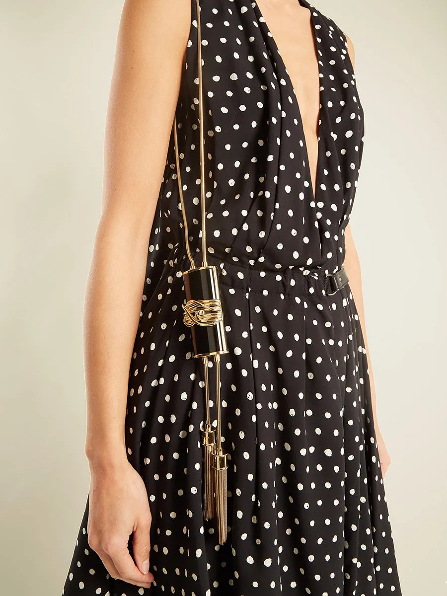 Balmain Gold Fringe Chain and Black Enamel Minaudiere Evening Bag