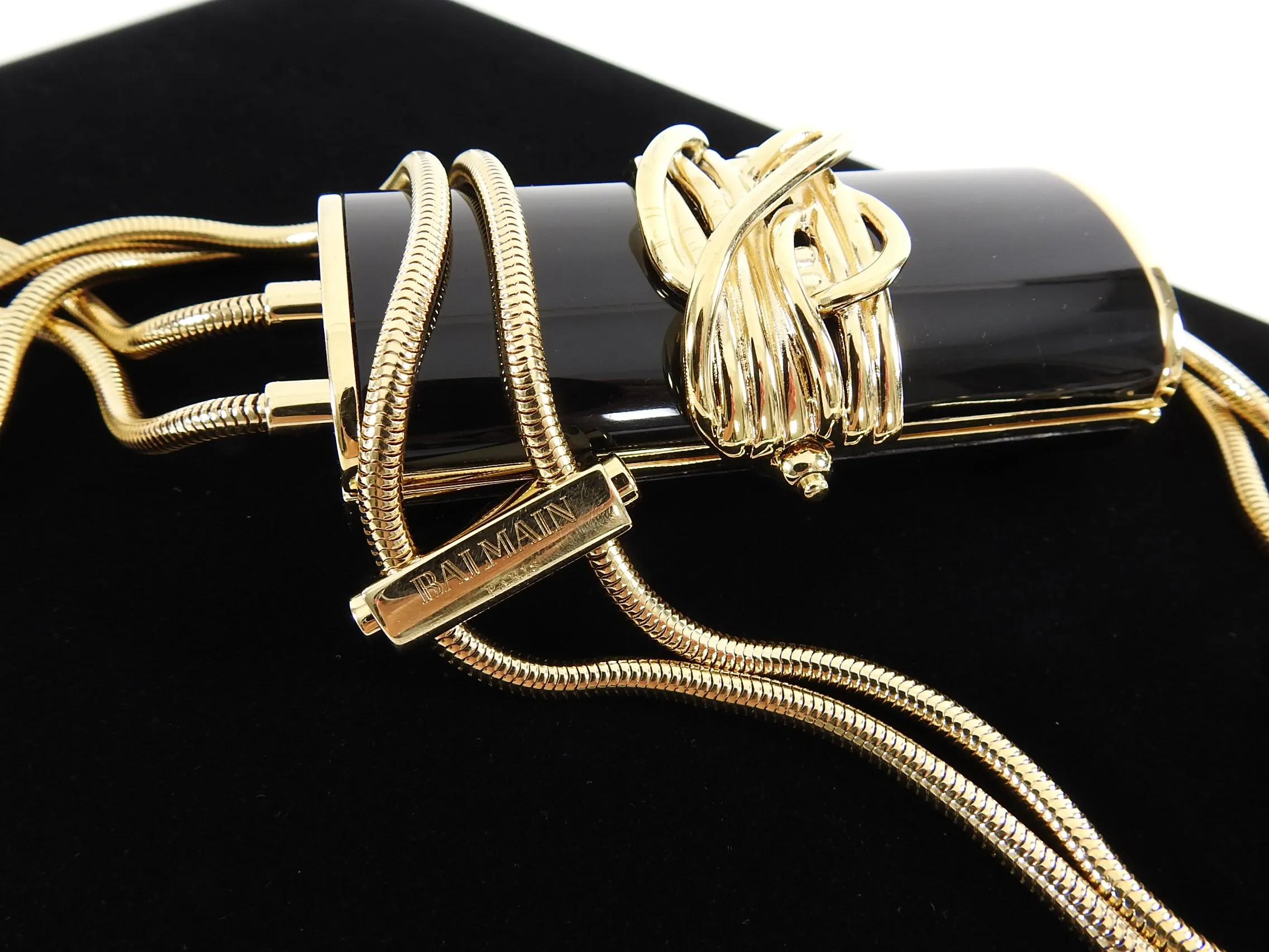 Balmain Gold Fringe Chain and Black Enamel Minaudiere Evening Bag