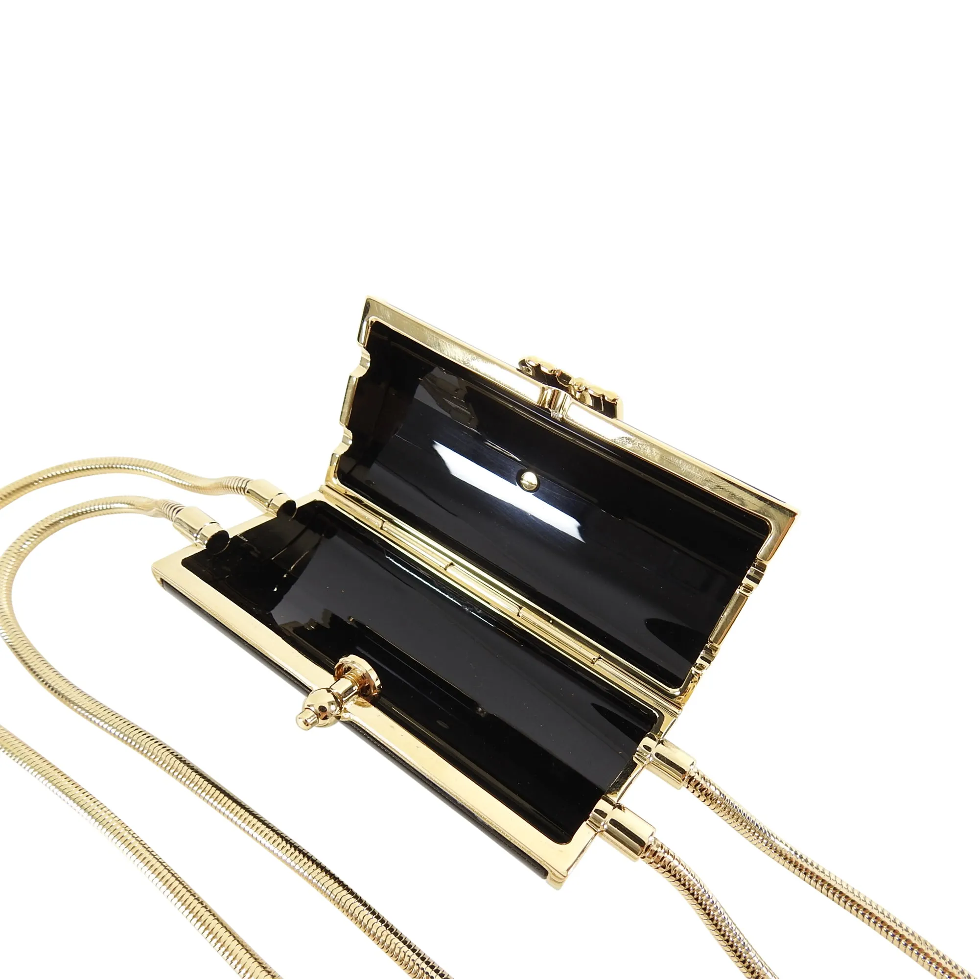 Balmain Gold Fringe Chain and Black Enamel Minaudiere Evening Bag
