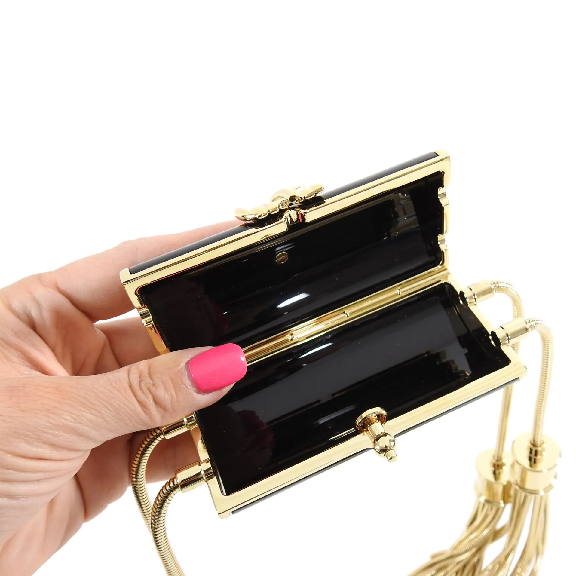 Balmain Gold Fringe Chain and Black Enamel Minaudiere Evening Bag