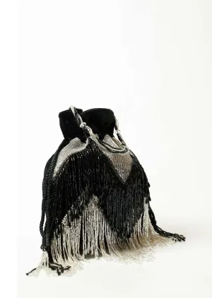 Black And Silver Potli Bag In Velvet With Bead Fringes In Chevron Design Online - Kalki Fashion