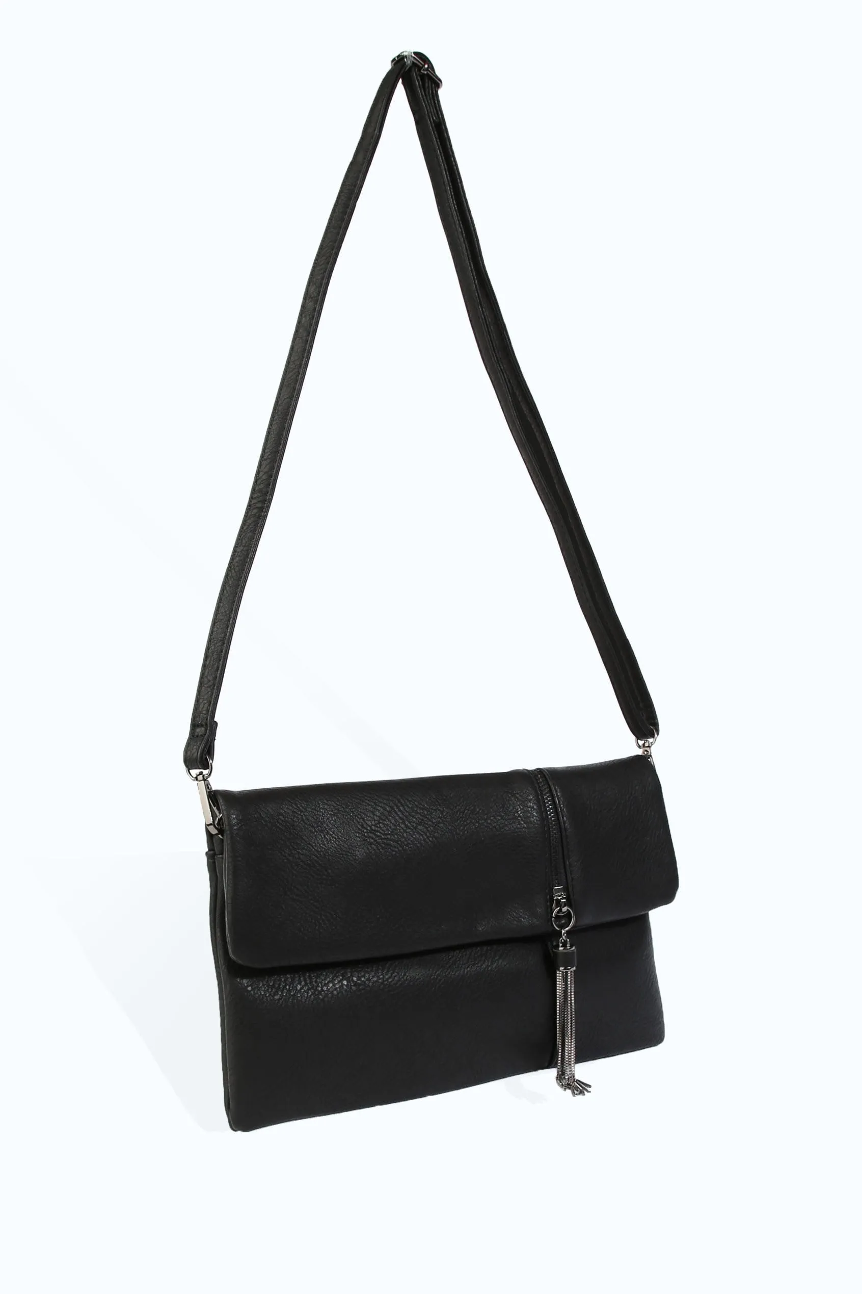 Black Fold Over Tassel Clutch