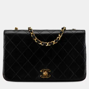 Black Lambskin Leather CC Quilted Full Flap Bag