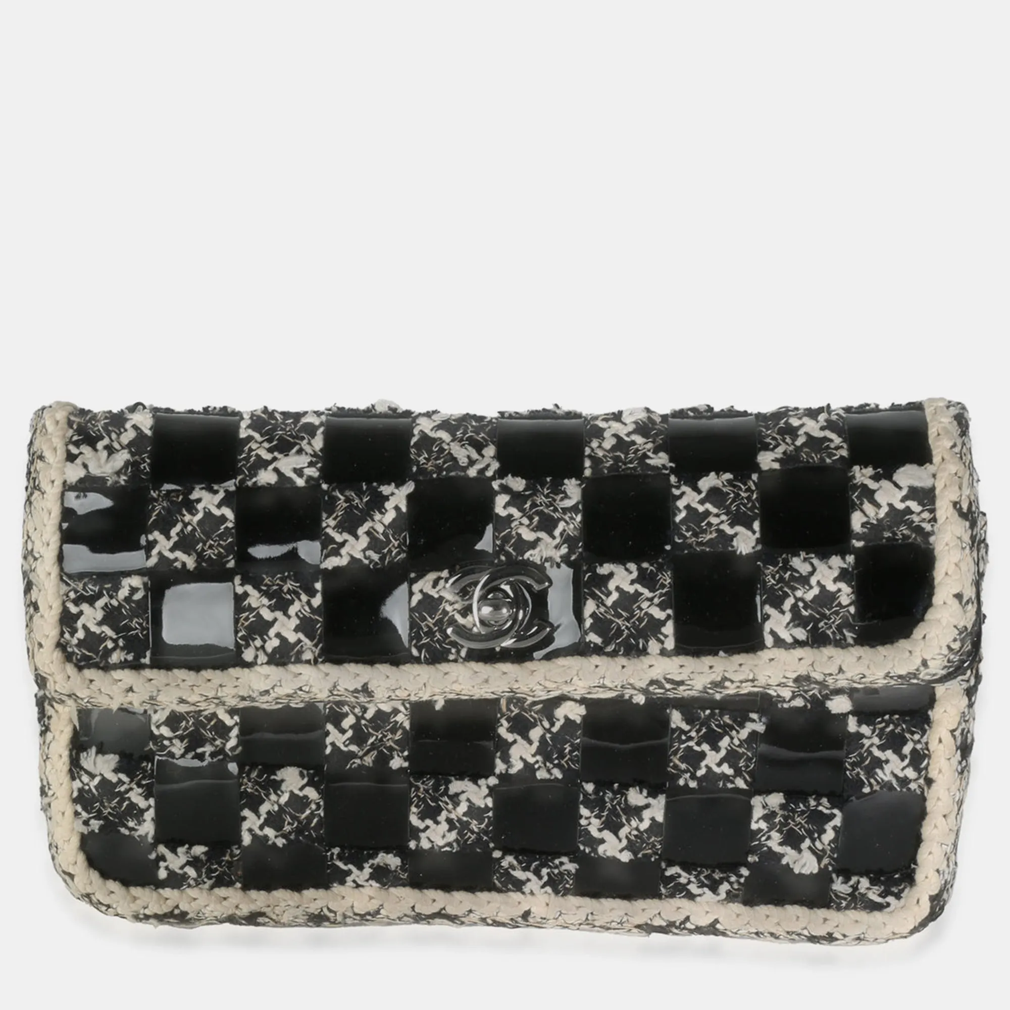 Black White Tweed Woven Patent Medium Flap Bag