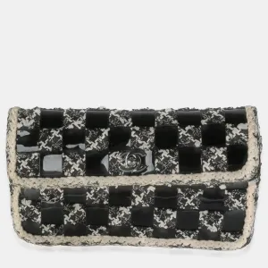 Black White Tweed Woven Patent Medium Flap Bag