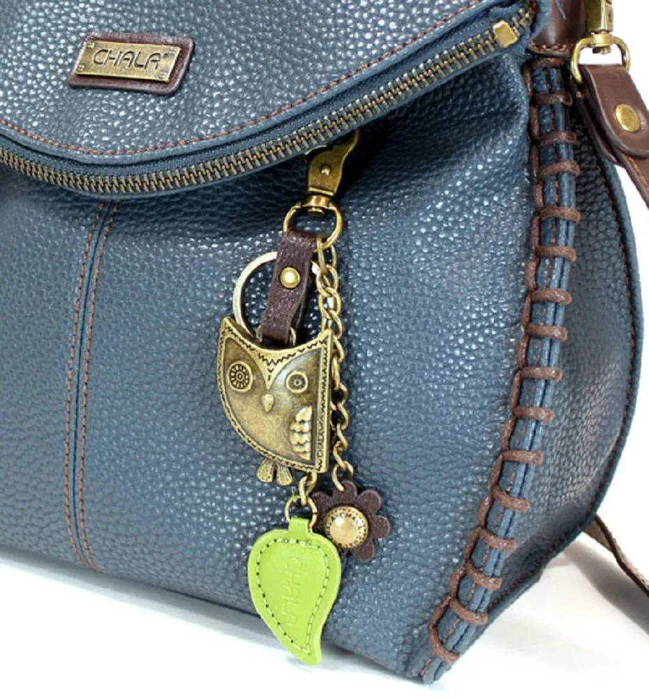 Chala Charming Crossbody Bag - Flap Top and Metal Key Charm in Navy Blue, Cross-Body or Shoulder Purse