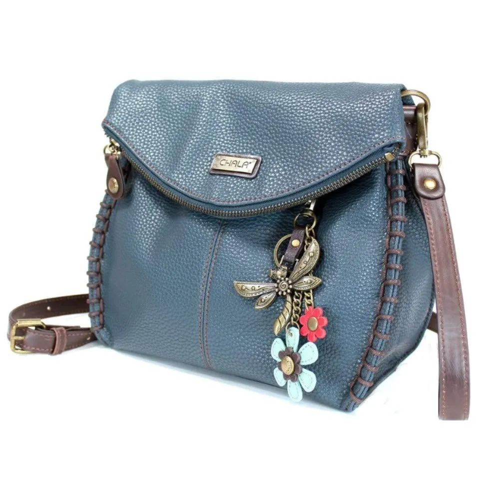 Chala Charming Crossbody Bag - Flap Top and Metal Key Charm in Navy Blue, Cross-Body or Shoulder Purse