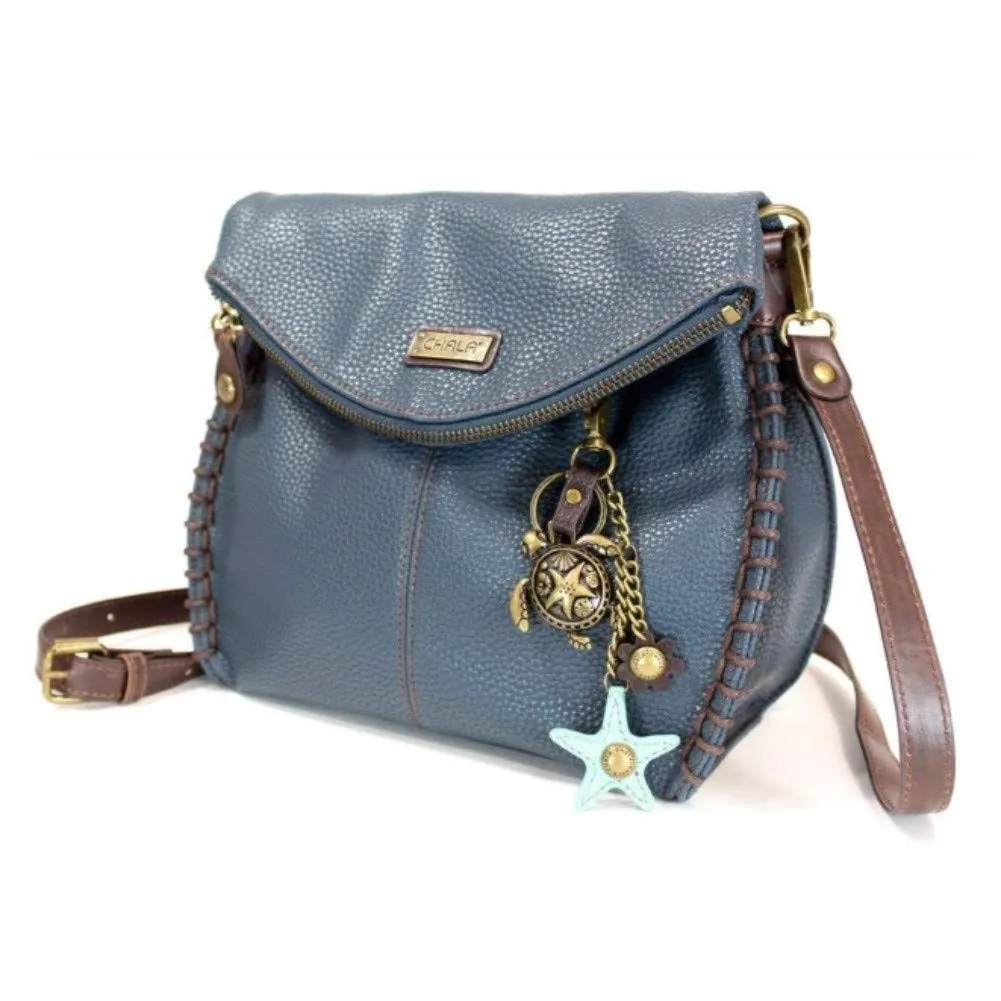 Chala Charming Crossbody Bag - Flap Top and Metal Key Charm in Navy Blue, Cross-Body or Shoulder Purse