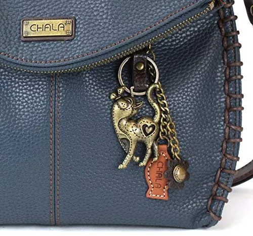 Chala Charming Crossbody Bag - Flap Top and Metal Key Charm in Navy Blue, Cross-Body or Shoulder Purse