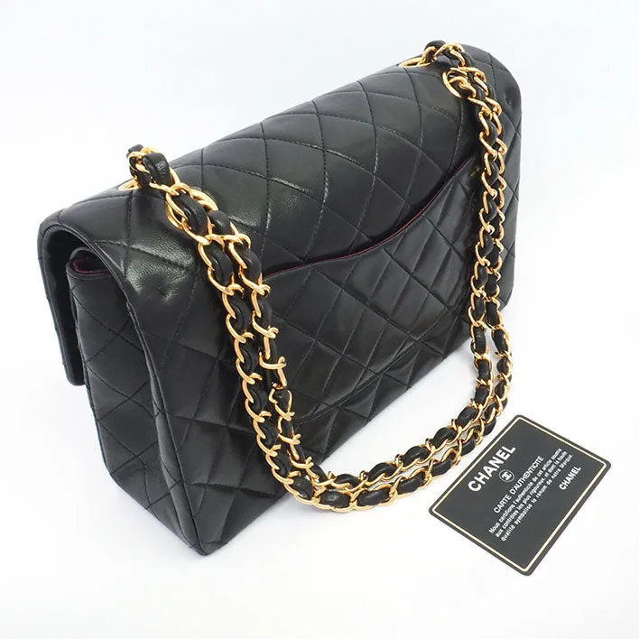 Chanel Classic Double Flap 25 Shoulder Bag Medium Black Quilted Lambskin Vintage