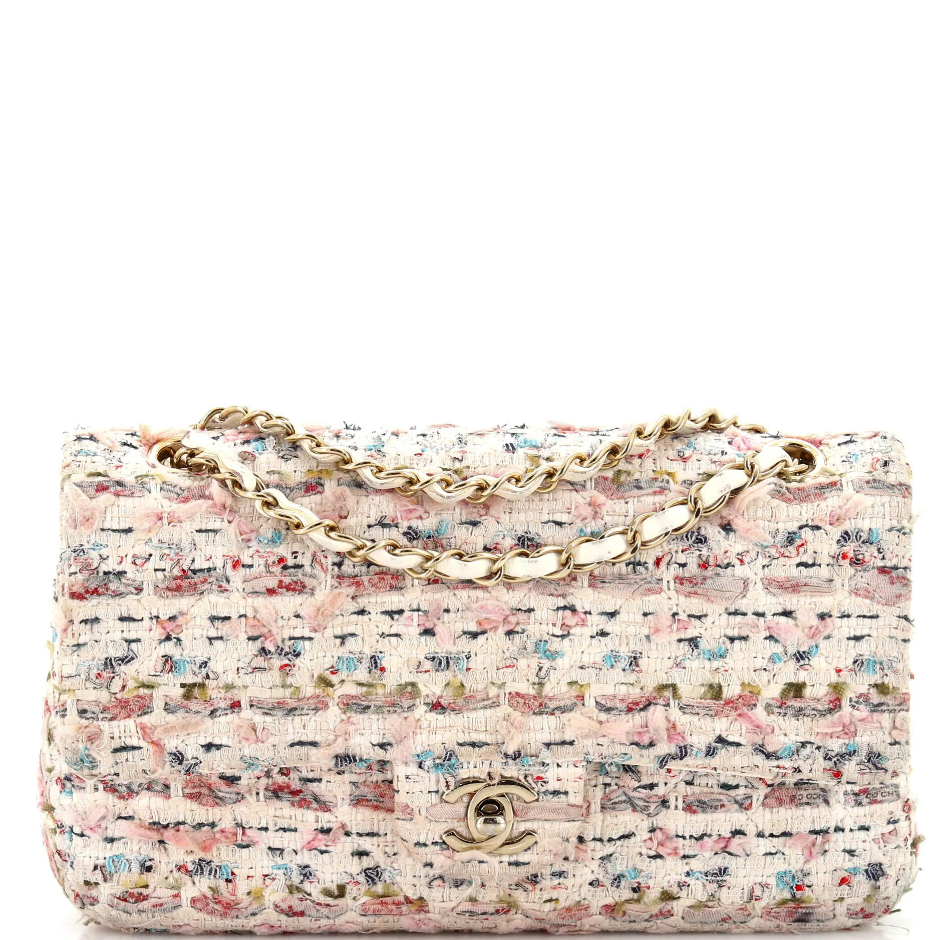 CHANEL Classic Double Flap Bag Quilted Tweed and Ribbon Medium