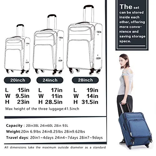 Coolife 3 Piece Luggage Set Spinner Softshell lightweight (Blue Silver)