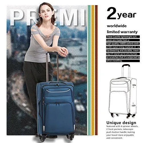 Coolife 3 Piece Luggage Set Spinner Softshell lightweight (Blue Silver)