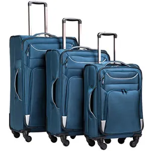 Coolife 3 Piece Luggage Set Spinner Softshell lightweight (Blue Silver)