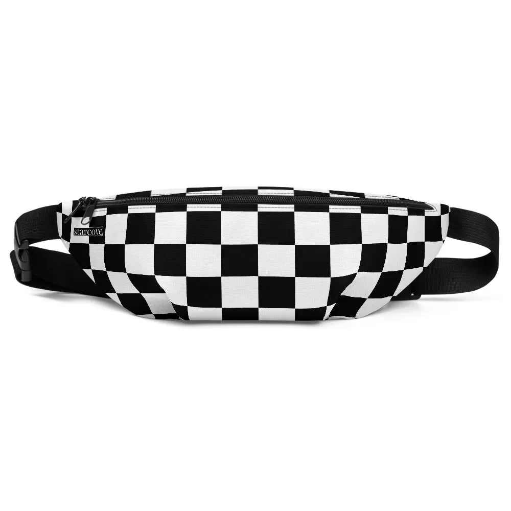 Fanny Pack, Black and White Checkered, Check Festival Hip Waist Bag, Canvas Vacation Belt, Gingham Checkerboard Pattern, Vegan Bag