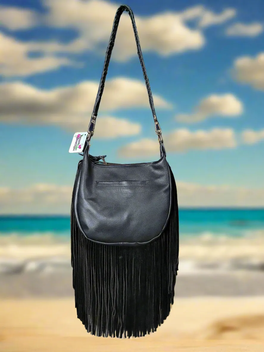 FREEDOM FRINGE BLACK LEATHER W HUIPIL ACCENT