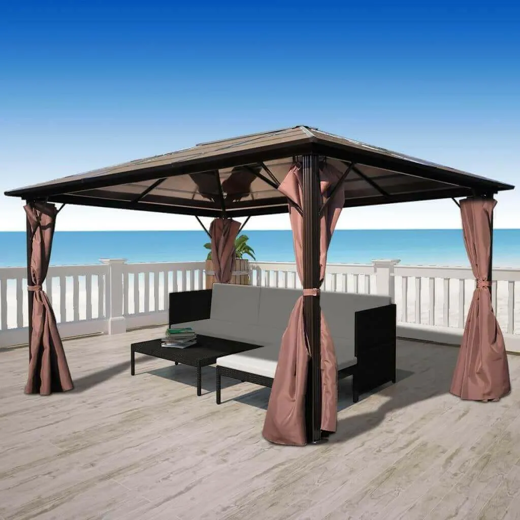 Gazebo with Curtain Brown Aluminum 10' x 10'