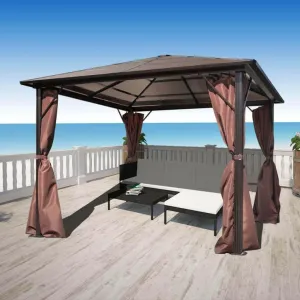 Gazebo with Curtain Brown Aluminum 10' x 10'