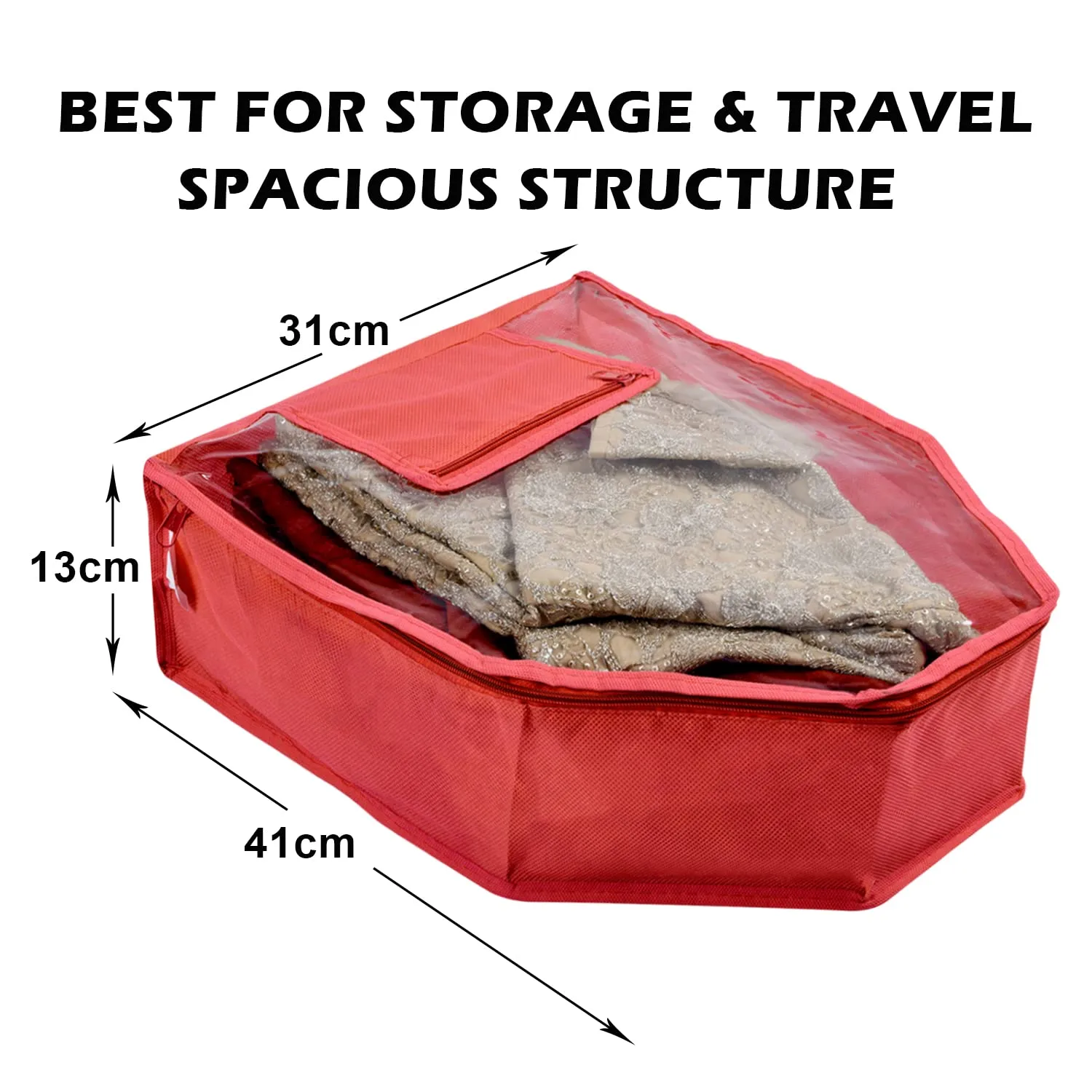 Heart Home Blouse Cover | Non Woven Foldable Wardrobe Organizer For Woman | Cloth Organizer Top Transparent & One Small Pocket | Pack of 6 | Red