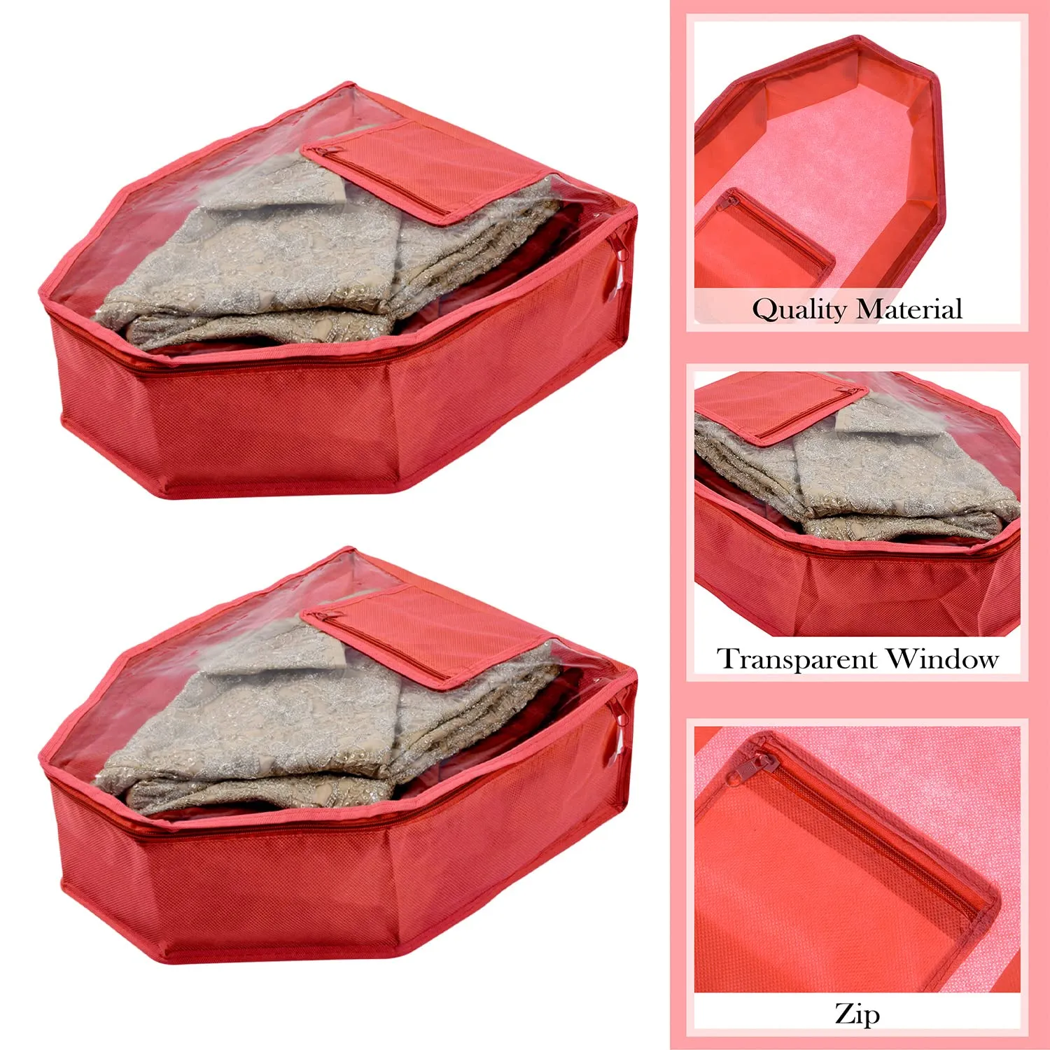 Heart Home Blouse Cover | Non Woven Foldable Wardrobe Organizer For Woman | Cloth Organizer Top Transparent & One Small Pocket | Pack of 6 | Red