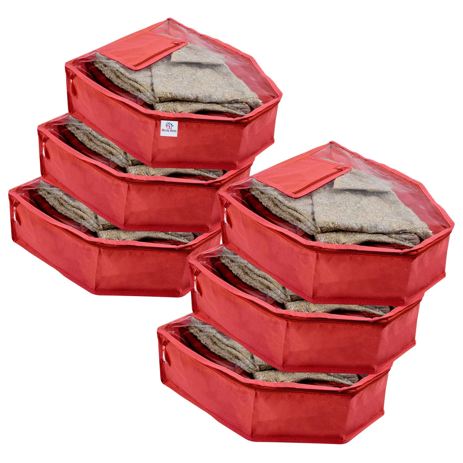 Heart Home Blouse Cover | Non Woven Foldable Wardrobe Organizer For Woman | Cloth Organizer Top Transparent & One Small Pocket | Pack of 6 | Red