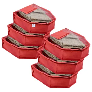 Heart Home Blouse Cover | Non Woven Foldable Wardrobe Organizer For Woman | Cloth Organizer Top Transparent & One Small Pocket | Pack of 6 | Red