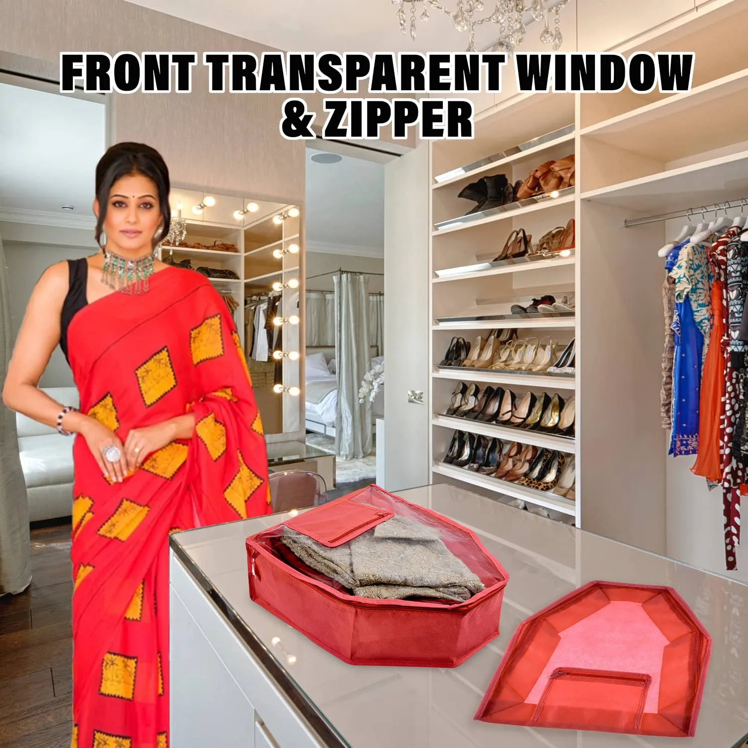 Heart Home Blouse Cover | Non Woven Foldable Wardrobe Organizer For Woman | Cloth Organizer Top Transparent & One Small Pocket | Pack of 6 | Red