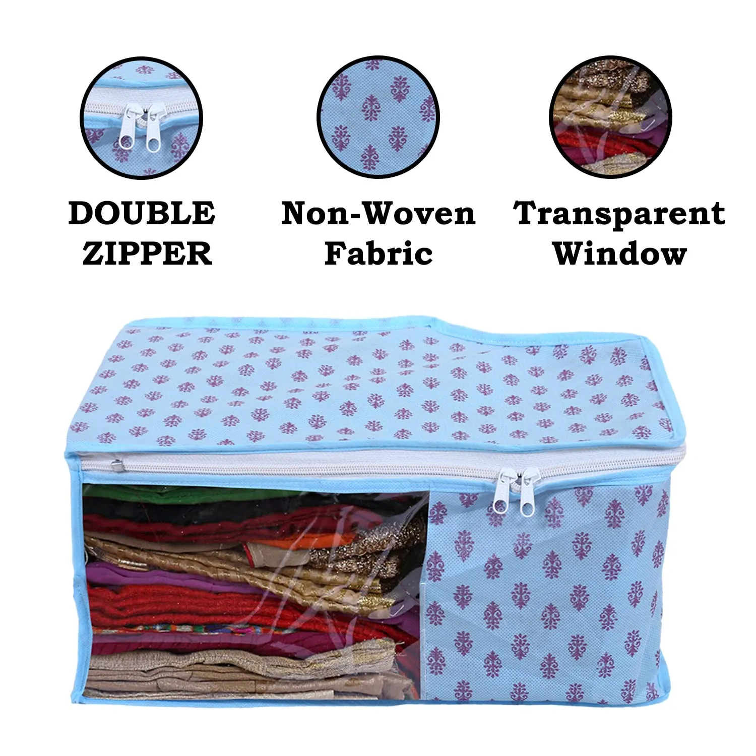 Heart Home Non-Woven Floral Print Foldable Blouse Cover|Clothes Organizer For Home & Traveling With Front Window Extra Large Pack of 3 (Sky Blue)