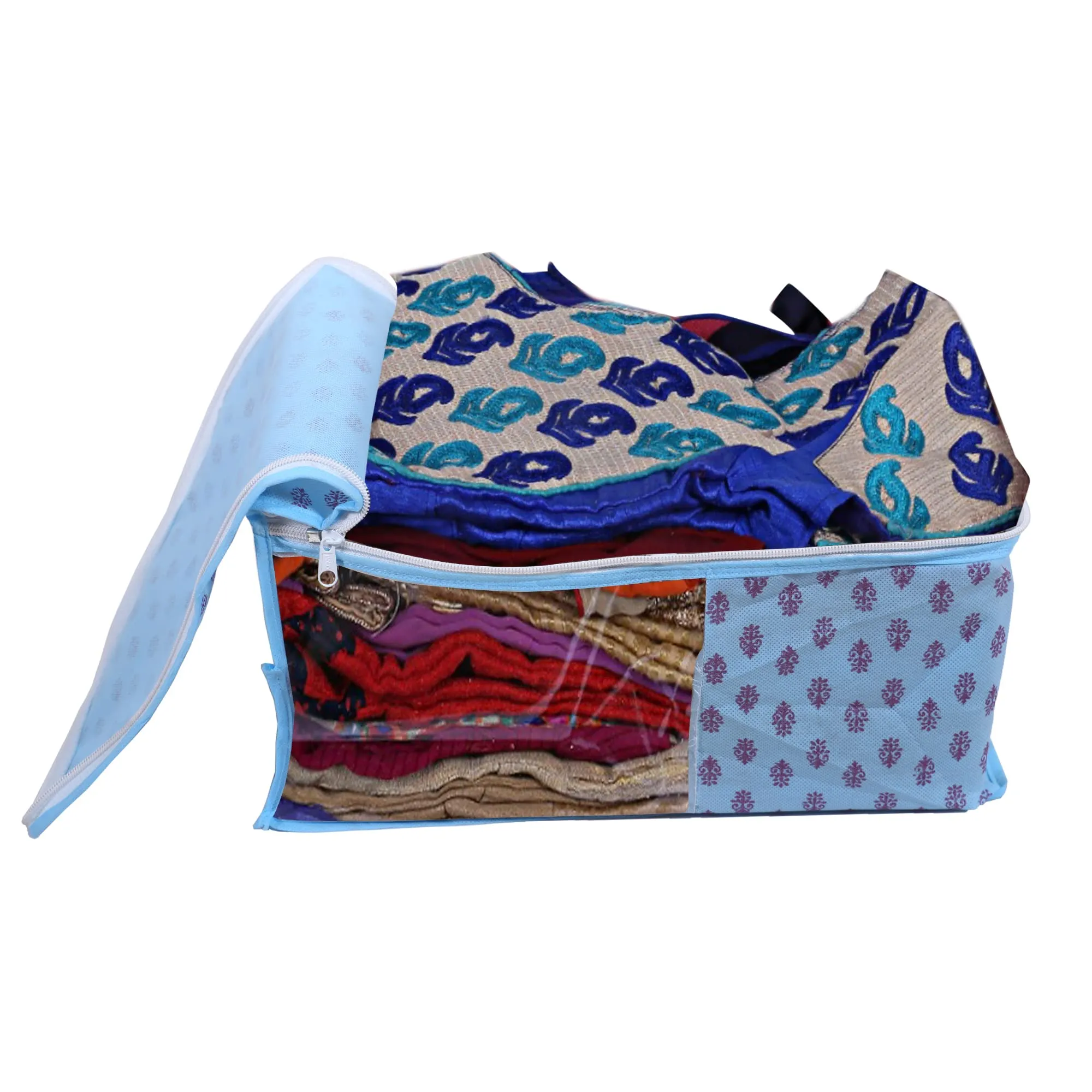 Heart Home Non-Woven Floral Print Foldable Blouse Cover|Clothes Organizer For Home & Traveling With Front Window Extra Large Pack of 3 (Sky Blue)