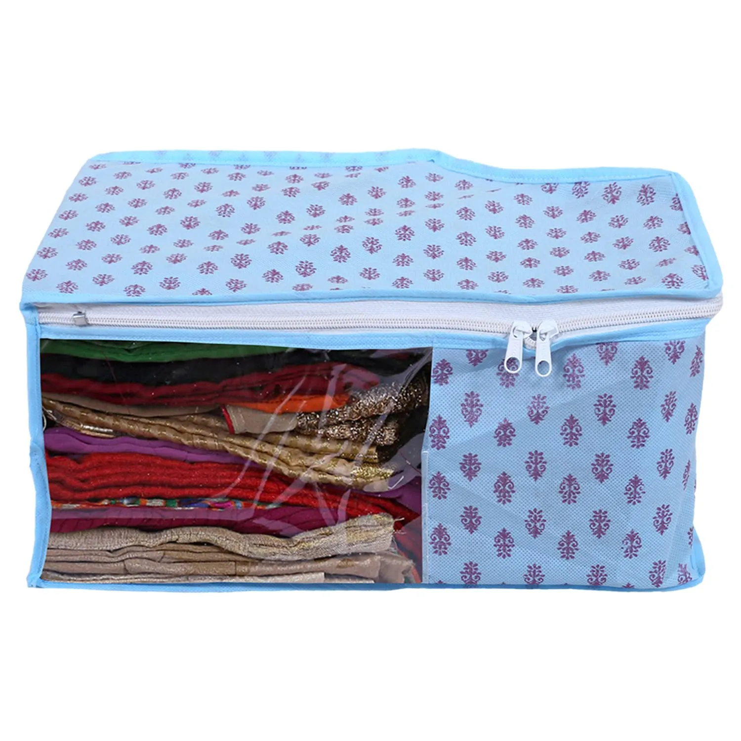 Heart Home Non-Woven Floral Print Foldable Blouse Cover|Clothes Organizer For Home & Traveling With Front Window Extra Large Pack of 3 (Sky Blue)