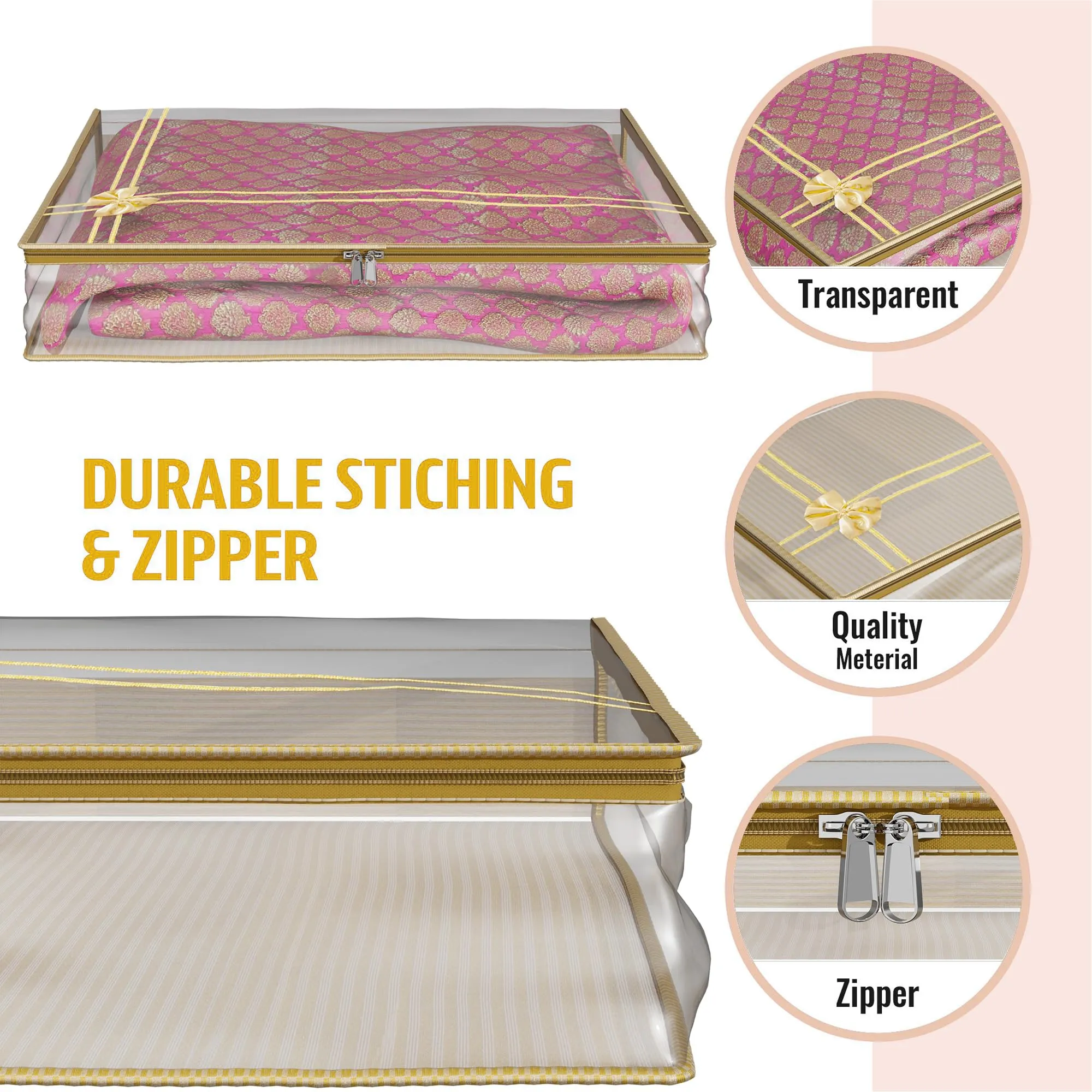 Heart Home Saree Cover | Clothes Storage Bag | Suit Packing Cover | Cloth Stoarge Organizer | Wardrobe Cloth Storage Organiser with Zip | Lining Bow Transparent | 3 Inch | Pack of 6 | Gold