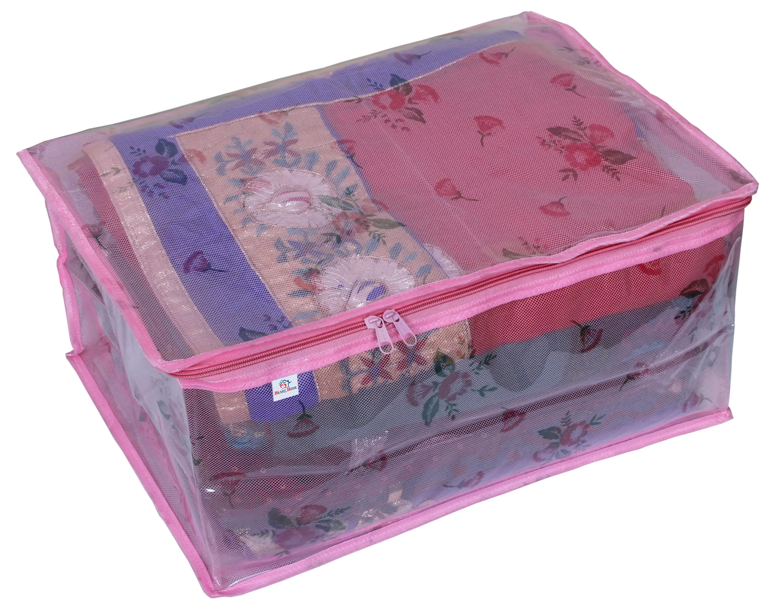 Heart Home Transparent Net Storage Organizer Wardrobe Organiser Regular Clothes Bag-Pack of 3 (Pink)