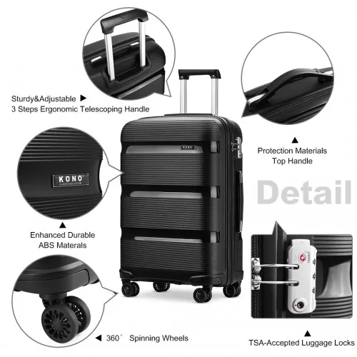 Kono 20 Inch Bright Hard Shell PP Carry-On Suitcase - Cabin Size, Black | Durable & Stylish Travel Companion