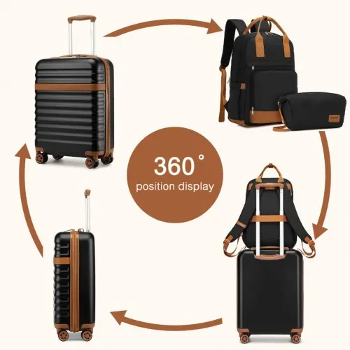 Kono 20 Inch Stylish Hard Shell Cabin Suitcase Set with Multi-Compartment Backpack and Small Pouch - Black & Brown 3 Piece Travel Set