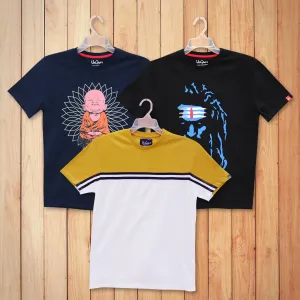 Men Printed & Colorblocked Round Neck Regular Fit Casual Tshirt Combo Pack of 3 (Navy Blue, Black, White)